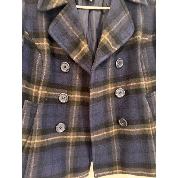 Chadwick's Plaid Wool Blend Pea Coat Jacket Blue Brown Womens‎ Petite - Picture 2 of 4